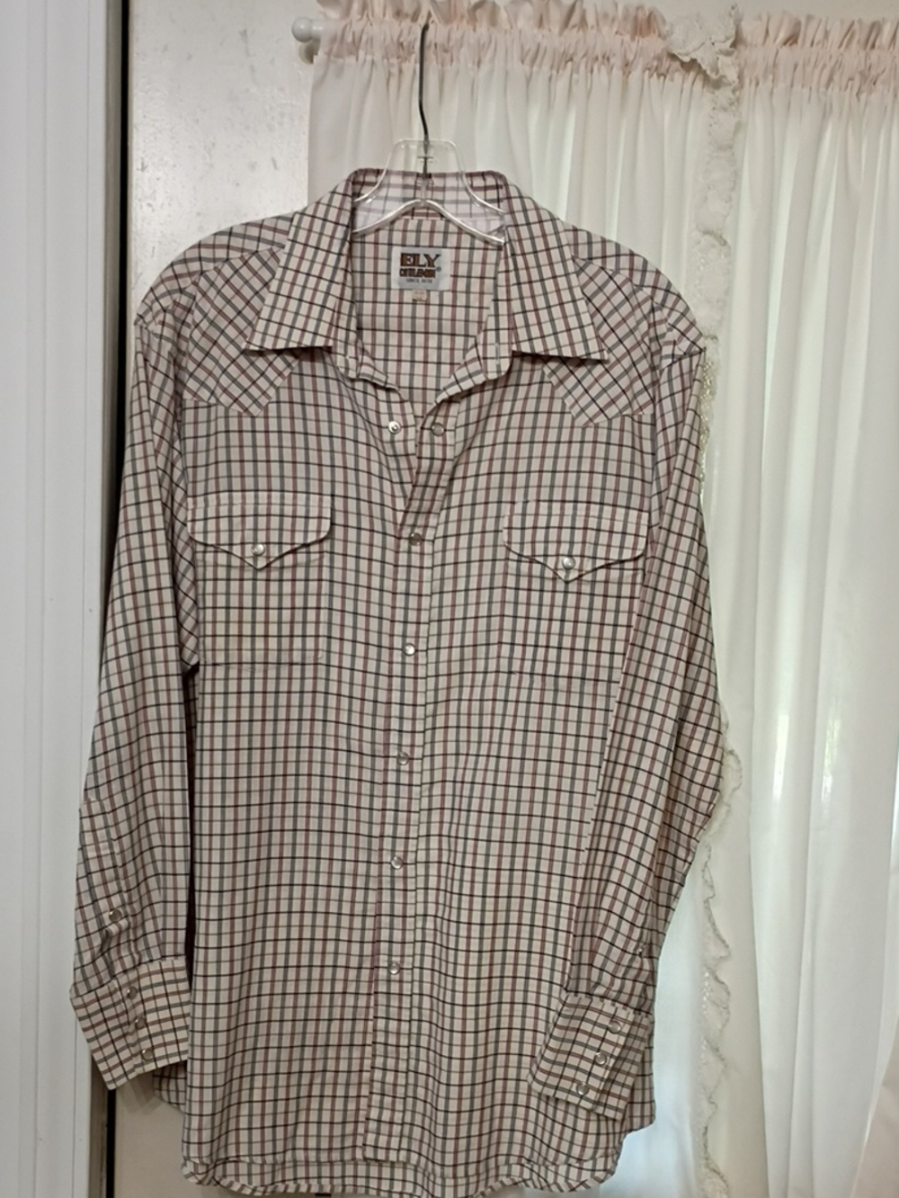 Ely Cattleman Beige and Brown Plaid Western Button-Down Pearl Snap Shirt